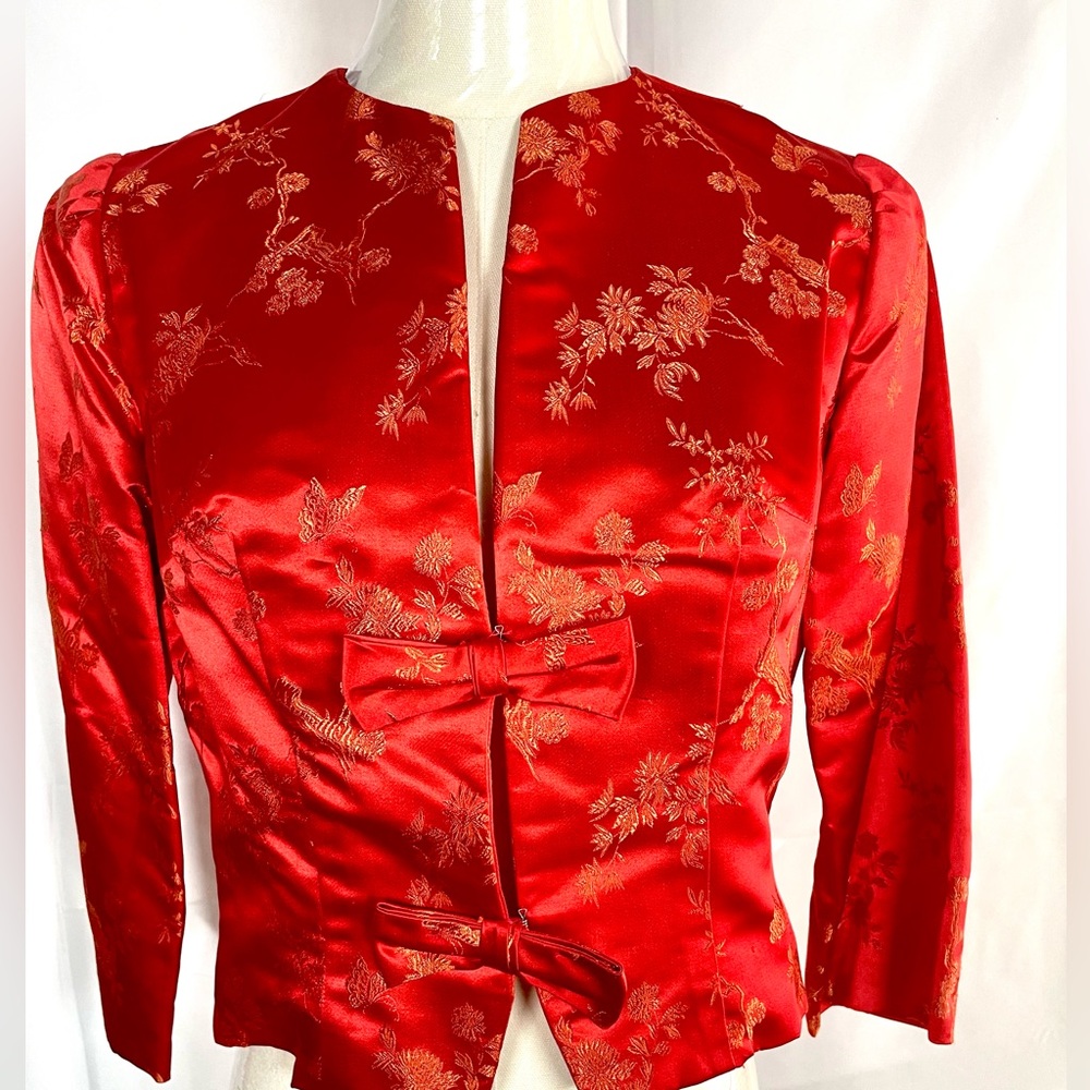 Red & Gold Chinese brocade silky 2-piece pencil dress & cropped jacket size XS - Picture 6 of 16